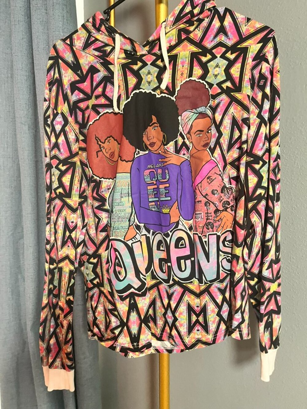 On Fire Womens 1X Melanin Queens Graphic Hoodie Geometric Lightweight Cotton Top